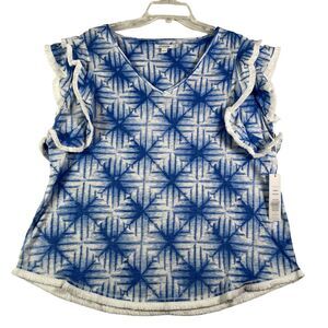 Chico's Top Womens 2 (14/16) L Amparo Blue Linen Flutter Sleeve Geometric NEW